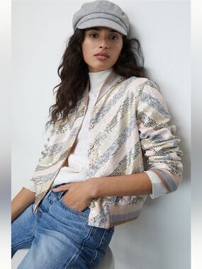 Striped Sequin Bomber Jacket in Blush, Silver & Gold